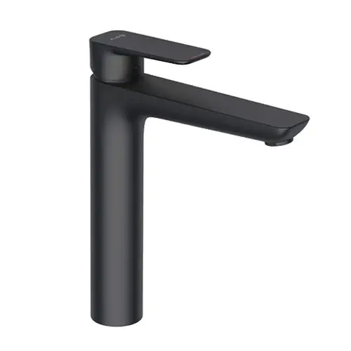 Waschtischarmatur von Kludi in mattschwarz mit einem schmalen, modern geformten Auslauf und einem flachen Hebel zum Regulieren des Wasserflusses.